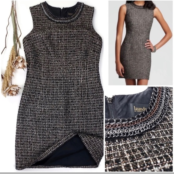 Laundry by Shelli Segal Sz 8 Black Metallic Boucle Tweed Sheath Dress Chain - Picture 12 of 12